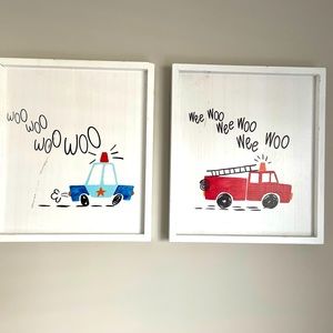 Playroom/bedroom photo, see second photo for dimensions; fire truck & police car